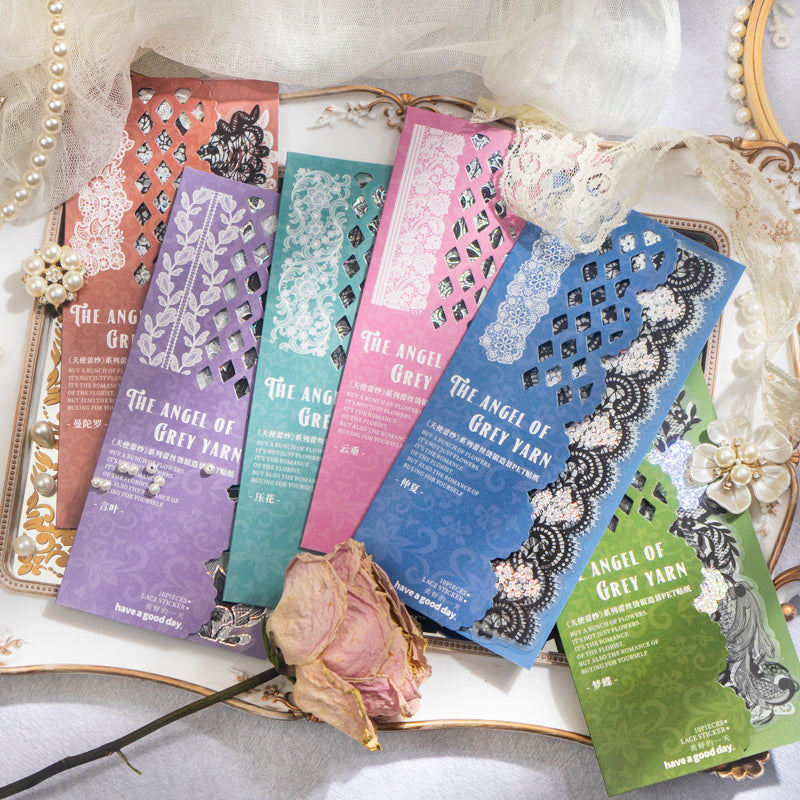 "The Angel of Grey Yarn" 10pcs Shiny Silvery PET Lace Stickers