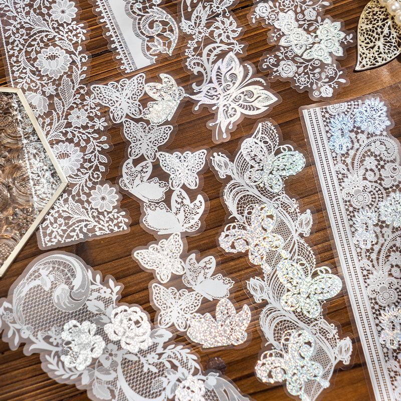 "The Angel of Grey Yarn" 10pcs Shiny Silvery PET Lace Stickers
