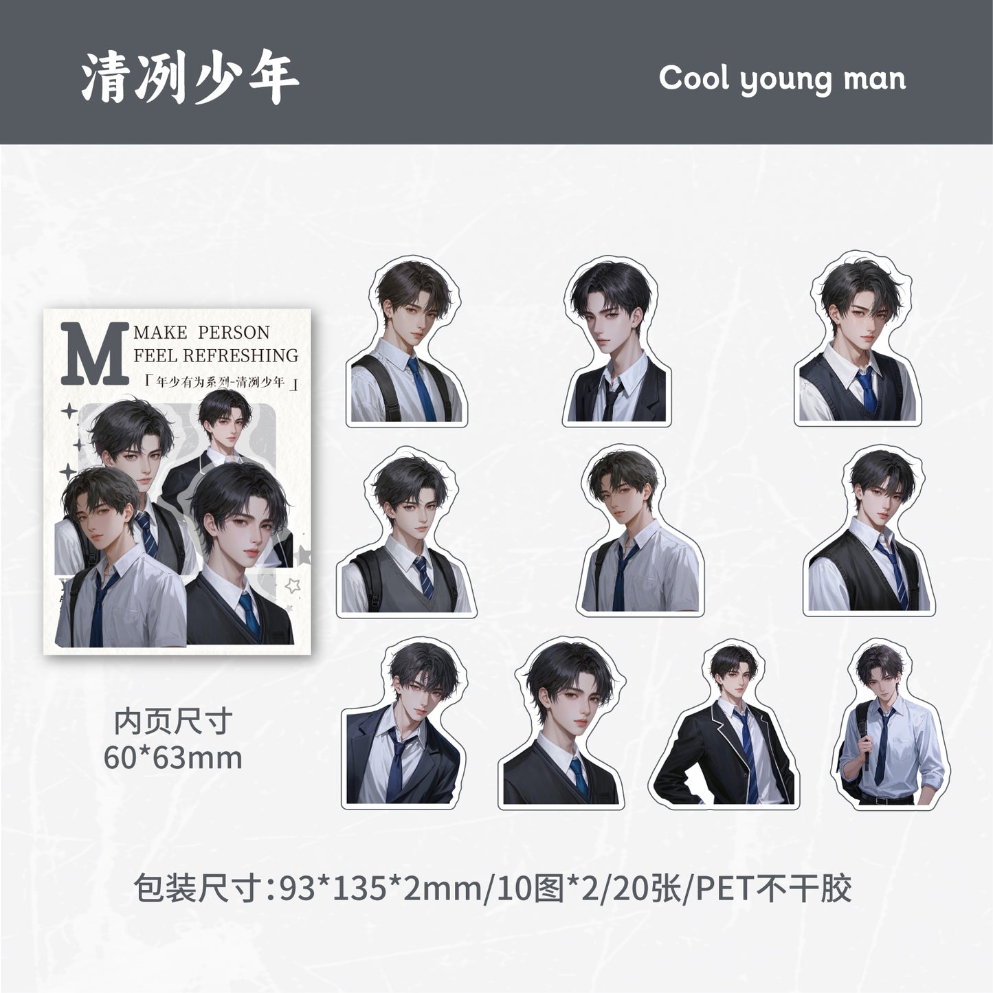 Young Boys Stickers 20pcs PET Stickers Handsome Man Stickers
