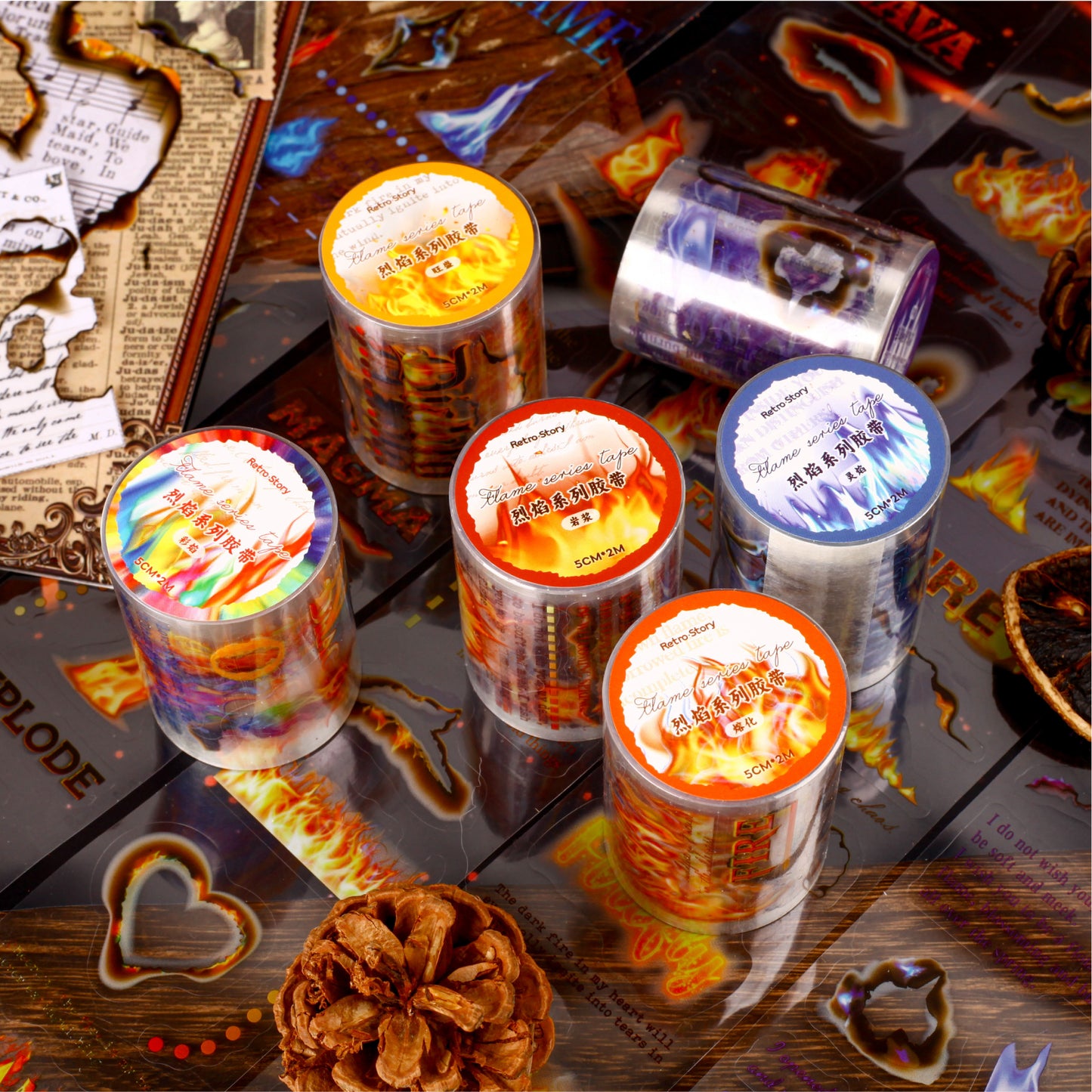 "Fire and Flame" Pre-cute PET Tapes Sticker Rolls