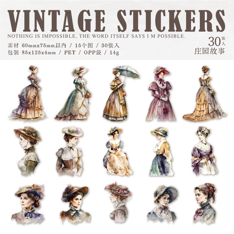 "Walking from the Painting" 30pcs PET Vintage Ladies Stickers