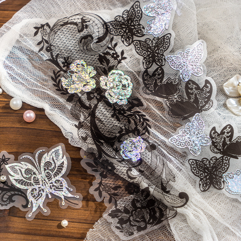 "The Angel of Grey Yarn" 10pcs Shiny Silvery PET Lace Stickers