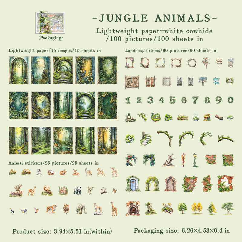 "Jungle Adventure" Mini Journal Supplies Pack 100pcs in Contain Stickers and Deco Papers