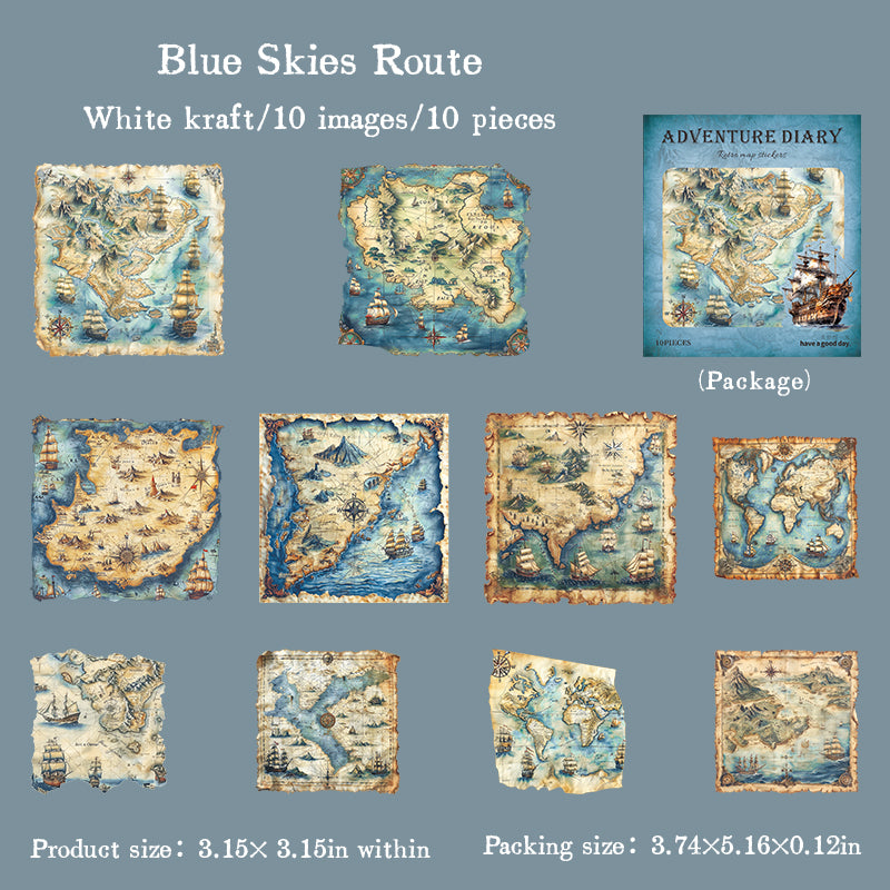 "Adventure Diary" 10pcs Vintage Map Stickers Pirate Map Stickers