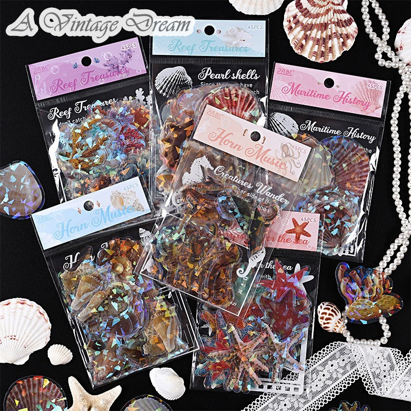 (10.August) 45pcs Sea Creatures Stickers Shiny PET Stickers for Scrapbooking