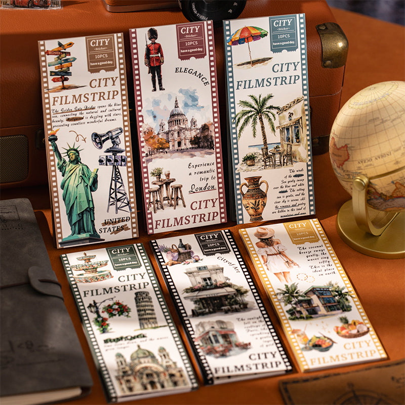 "City Filmstrip" 10 Sheets of Travel Themed PET Sticker Books
