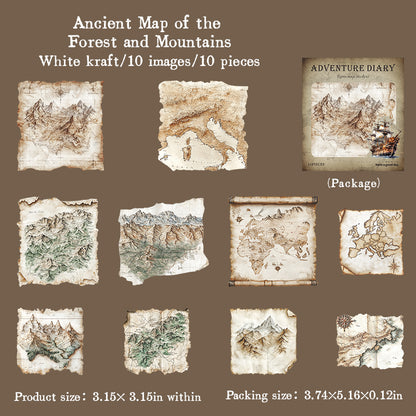 "Adventure Diary" 10pcs Vintage Map Stickers Pirate Map Stickers