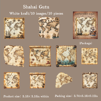 "Adventure Diary" 10pcs Vintage Map Stickers Pirate Map Stickers