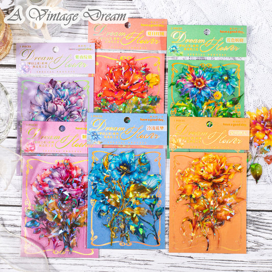 (6.August) 5pcs Dream Flowers Big Size Shiny Stickers Decorative Stickers for Scrapbooking