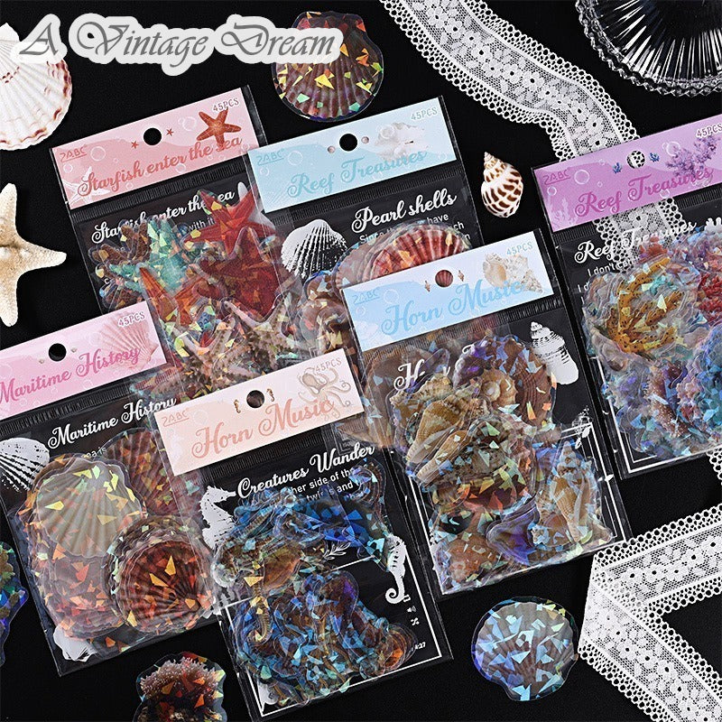 (10.August) 45pcs Sea Creatures Stickers Shiny PET Stickers for Scrapbooking