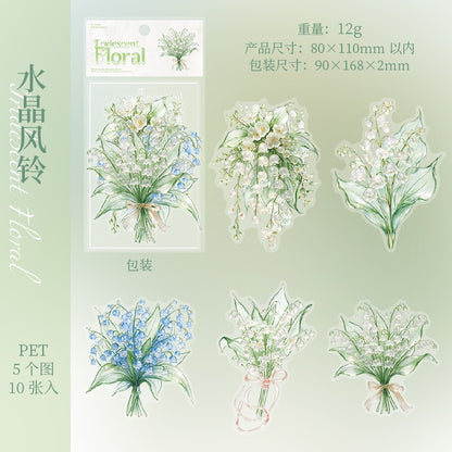 Glass-like Iridescent Floral Stickers 10pcs Large Sized PET Flower Stickers