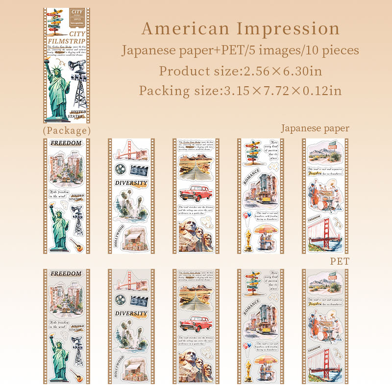 "City Filmstrip" 10 Sheets of Travel Themed PET Sticker Books