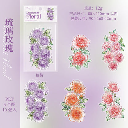 Glass-like Iridescent Floral Stickers 10pcs Large Sized PET Flower Stickers