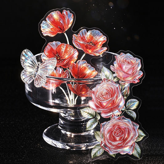 Glass-like Iridescent Floral Stickers 10pcs Large Sized PET Flower Stickers