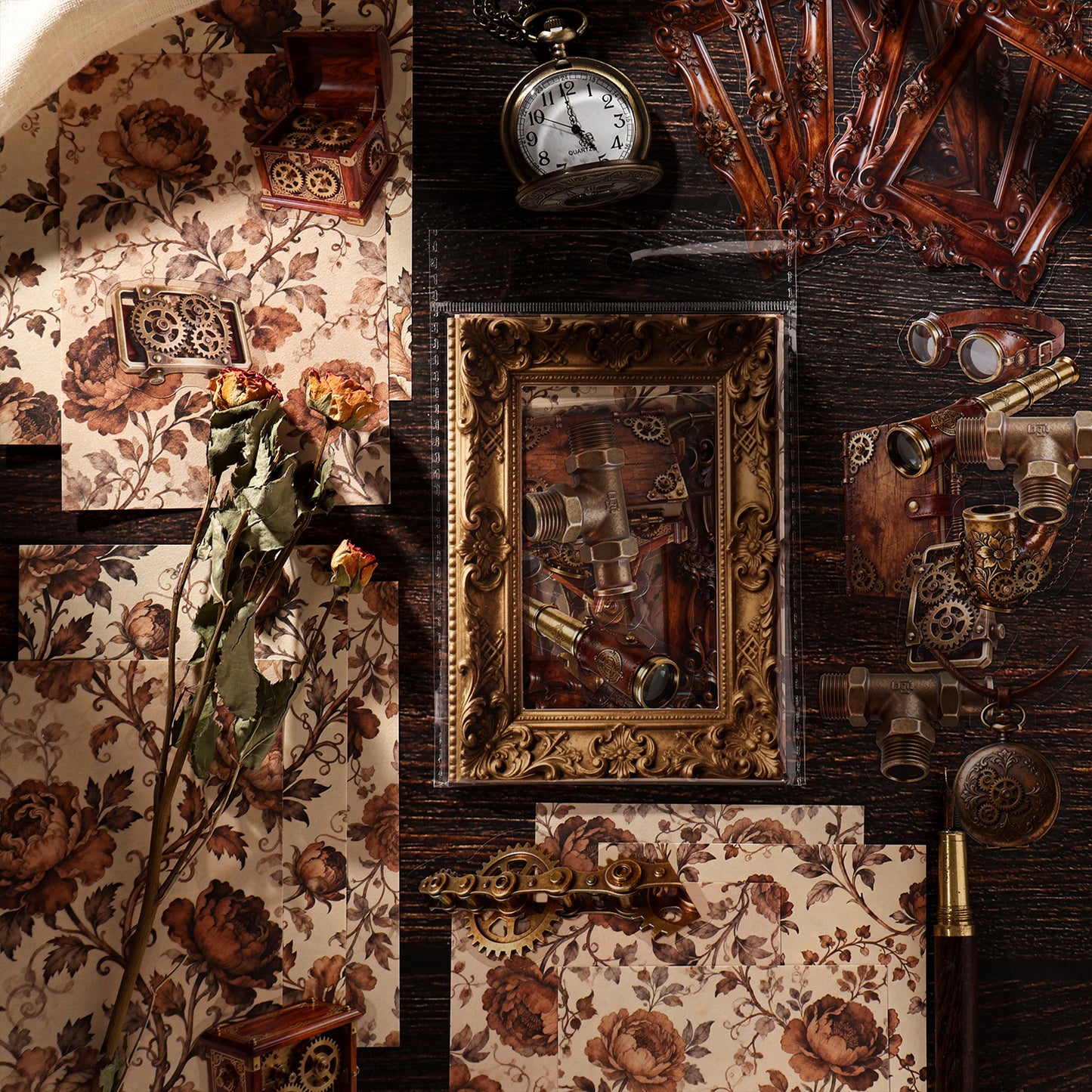 Steampunk Themed Journal Supplies with Large Stickers and Deco Papers
