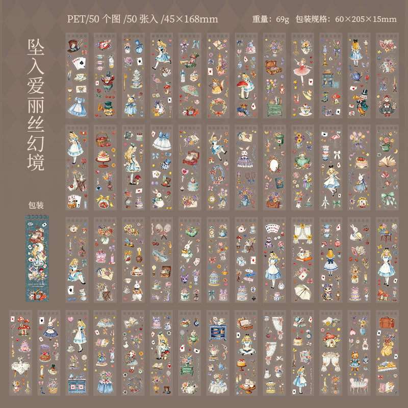 Alice Sticker Book with 50 Sheets of PET Stickers for Scrapbooking