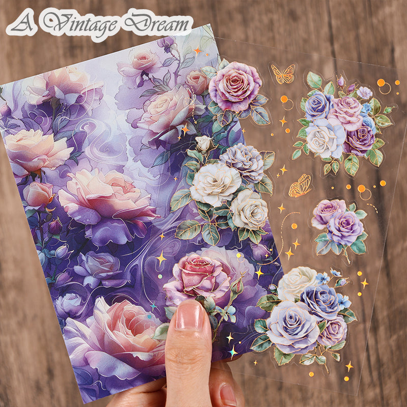 (30.July) 4pcs Pre-cut Shiny Flower Stickers PET Stickers with Background