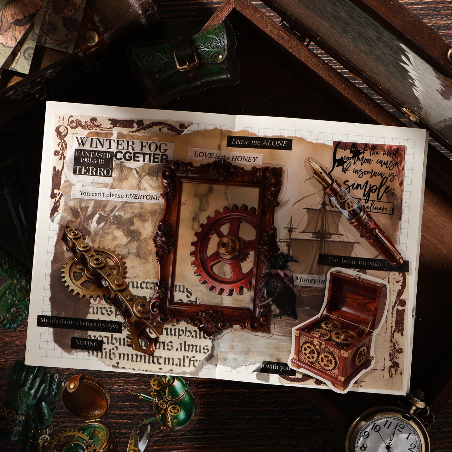 Steampunk Themed Journal Supplies with Large Stickers and Deco Papers