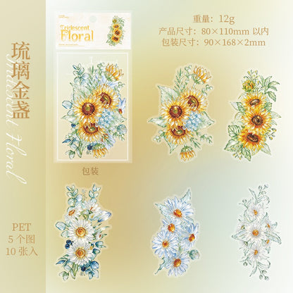 Glass-like Iridescent Floral Stickers 10pcs Large Sized PET Flower Stickers