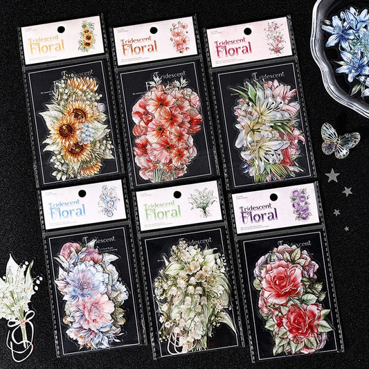 Glass-like Iridescent Floral Stickers 10pcs Large Sized PET Flower Stickers