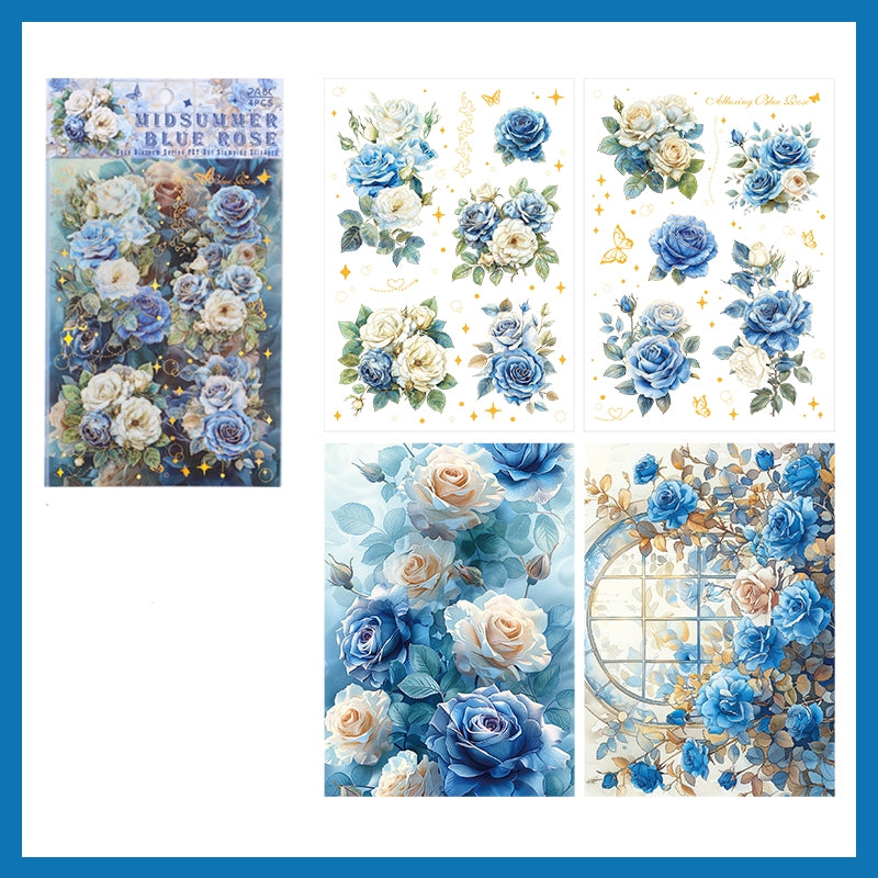 (30.July) 4pcs Pre-cut Shiny Flower Stickers PET Stickers with Background