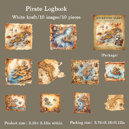 "Adventure Diary" 10pcs Vintage Map Stickers Pirate Map Stickers