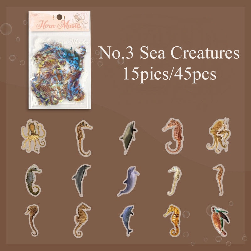 (10.August) 45pcs Sea Creatures Stickers Shiny PET Stickers for Scrapbooking