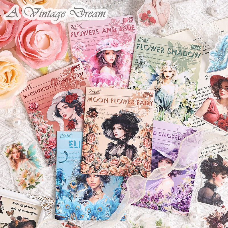 (1.Sept) 10pcs Flower and Ladies Stickers Washi Stickers for Scrapbooking and Decorating